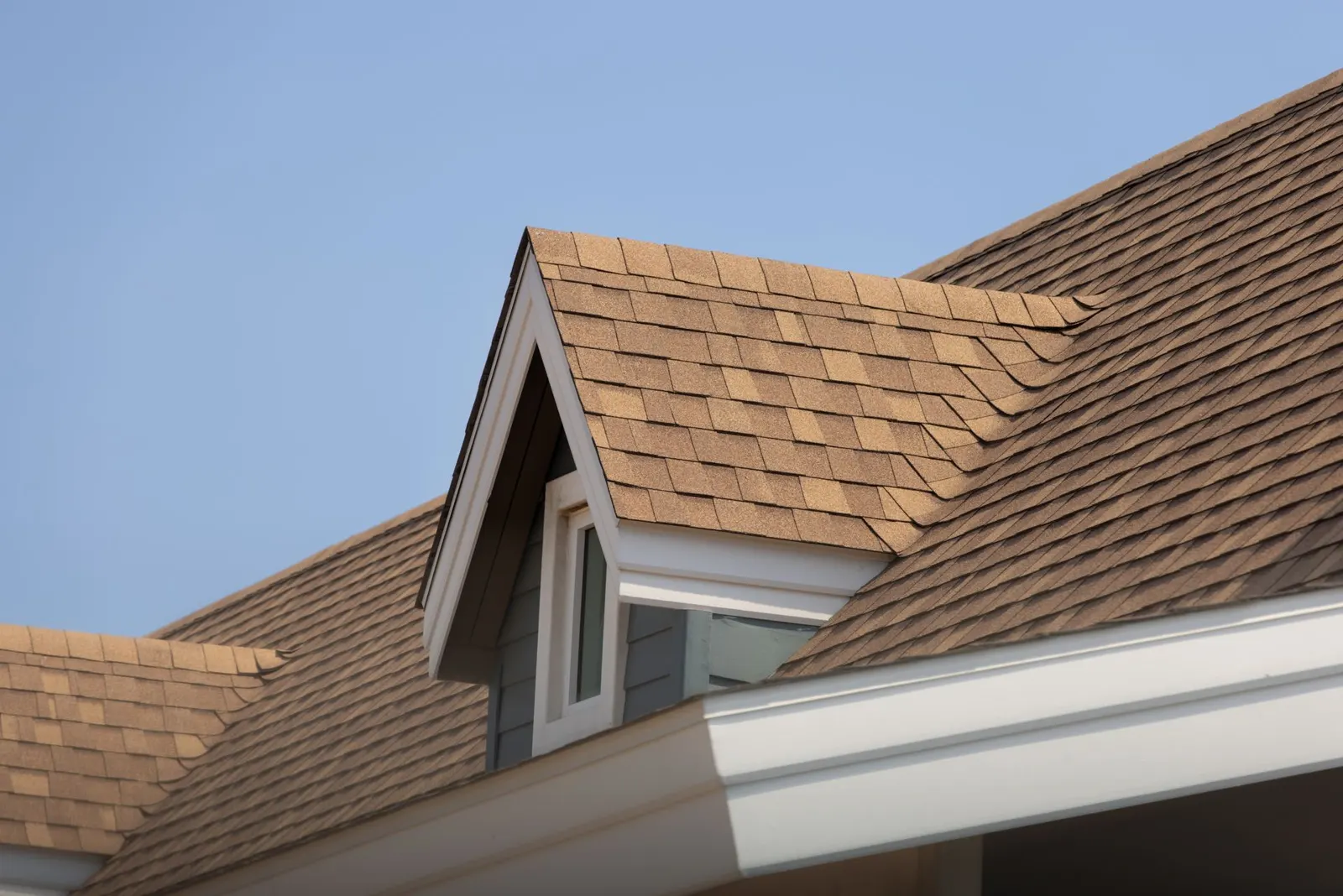 Brown shingled roof with a dormer window against a blue sky